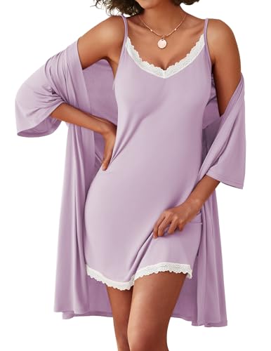 Image of Ekouaer Robes Womens Nightgown and Robe Set 2 Piece Sexy Lace Spaghetti Strap Lightweight Sleepwear with Pockets S-XXL