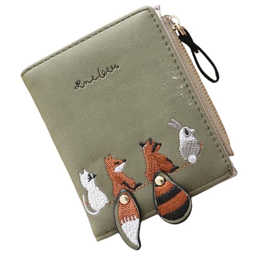 Embroidery Purse Women's Wallet with Animal Pattern Zippered Coin Pocket and Clear Window Card Holder for Daily Use