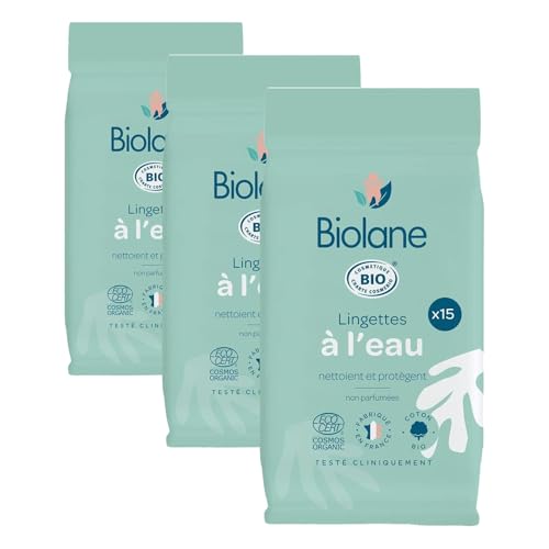 BIOLANE – Lingette à l'eau Pocket BIO – 15 Lingettes Naturelles Composées à 99% d’Eau pour tout le Corps de votre bébé – Utilisables dès la Naissance – Peaux Sensibles – Format Pratique (Lot de 3)