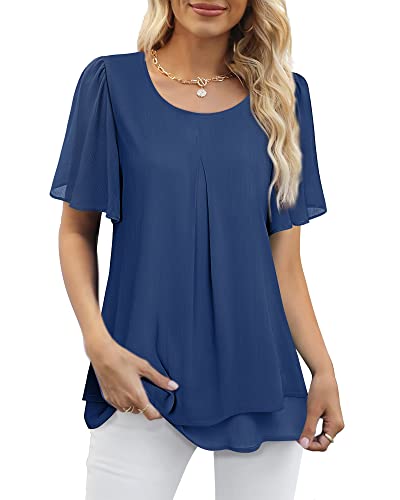Gaharu Women Blouses Office Dressy Tops For Evening Wear Summer Tops For Women Fashion 2023 Casual Ruffle Sleeve Tunic Tops To Wear With Leggings Swing Sheer Tunic Deep Blue,L #TOP14