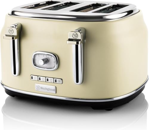 Westinghouse 4 Slice 1750W Retro Toaster | Removable Bun Attachment, 6 Browning Levels, Bread Centring, Defrost, Warm-Up & Stop Function, Extendable Crumb Tray | 2-Yr Warranty (White), 1750 Kilowatts