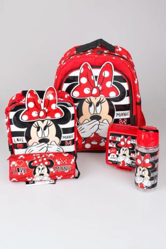 Minnie Mouse lisanslı okul seti: çanta, beslenme çantası, kalem çantası, matara ve beslenme kabı
