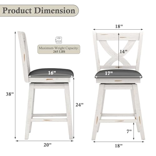 Image of Swivel Bar Stools Set of 2, Farmhouse 24 inch Counter Height Barstools with X Carved Backs, Wooden Bar Chair with Solid Wood Legs & Footrest for Kitchen Island, Home Bar, Pub. Antique White