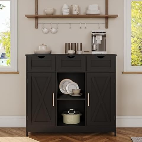 Viaozutis Storage Cabinet, Coffee Bar Cabinet with 2 Adjustable Shelves, 3 Drawers, and 2 Doors, for Bathroom, Kitchen, Living Room (Black) Cover