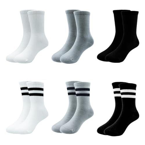 Aquarbor - Aquarbor 6 Paare Jungen Kinder Socken 6-12 Jahre Sport Crew Baumwolle Jugend Teenager Socken, Ohne Fluoreszierende Mittel und Formaldehyd (BE, Numérique, 31, 38, Taille normale, Blanc Noir Gris)