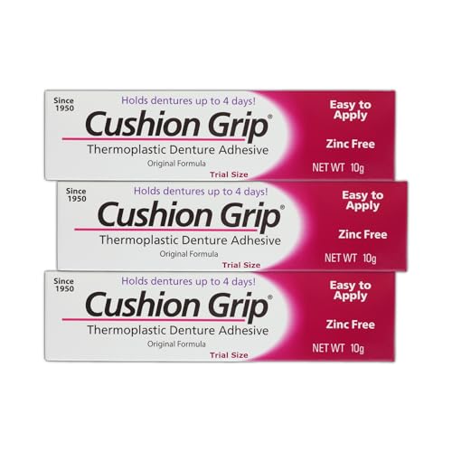 Cushion Grip Thermoplastic Denture Adhesive, 0.35 oz Travel Size (Pack of 3) – Refits and Tightens Loose Dentures for Up to 4 Days | Non-Glue, Zinc-Free, Waterproof Formula, Acts Like a Soft Reliner