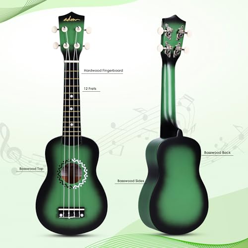 Image of ADM Ukulele for Beginners Hawaiian Wood Ukelele Kit for Kids Adult Student Starter Professional Ukalelee Pack Bundle with Free Lessons Gig Bag Strap Nylon String Tuner (Greenbrust, 21 Inch)