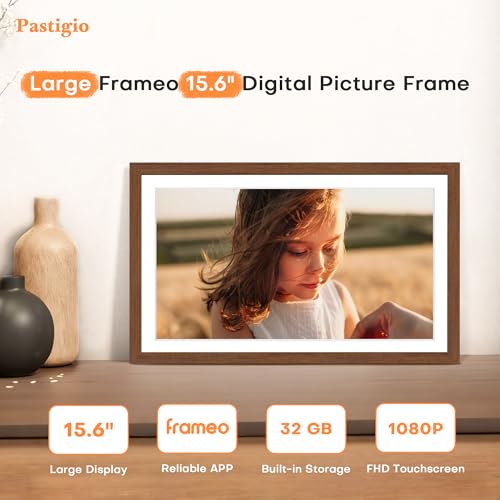 Image of Digital Picture Frame, 15.6 Inch Frameo Digital Frame WiFi Large Display | 1920*1080 IPS FHD Touchscreen, 32GB, Wall-Mountable, Share Picture Video, Electronic Photo Frame, Mom Gifts, Teak Woodgrain