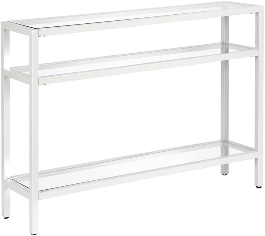 Pemberly Row Traditional Console Table, 42" Wide, Metal Frame with White Finish, Tempered Glass Top, 3 Shelves, Modern Industrial Style, Entryway or Sofa Table for Living Room Decor