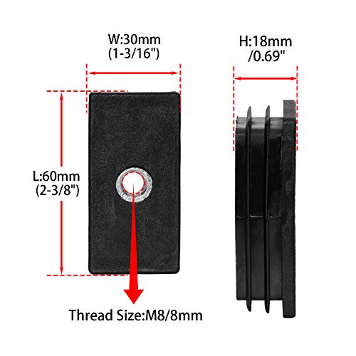 Image of Flyshop Black M8 Threaded Plastic Plugs Rectangle Tube End Caps Tubing Plugs Inserts Furniture Glider 30 mm x 60 mm 4 Pcs