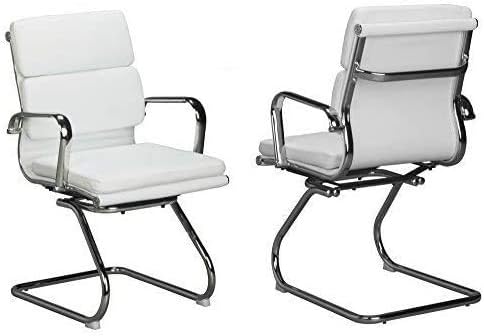 Modern Office Guest Chair Faux Leather Padded, with Arms, Sled Base | Comfortable Desk Chair Without Wheels for Waiting Room, Reception, Visitors Lounge (2 per Box, White)