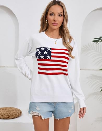 Women's Lightweight Thin Knit Sweater Long Sleeve Crew Neck American Flag Pullover Sweaters2