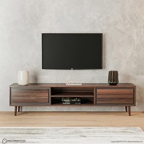 Image of DecorNation Elegant Walnut-Finished Alon Wooden TV Unit: A Stylish Entertainment Solution(70″ x 14″ x 16″, Walnut)