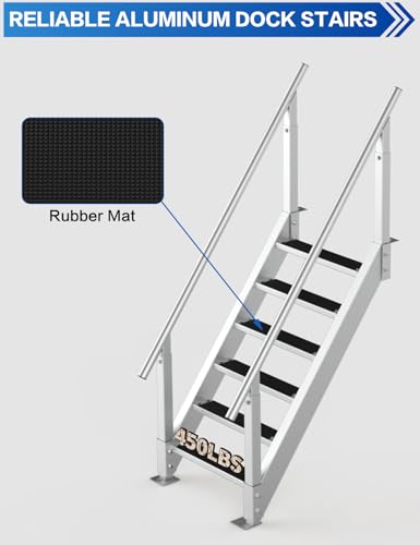 6 steps aluminium dock steps stairs, Height adjustable dock stairs with handrails, Dock steps into water for boats, lake & pool(450LBs loading) - Thumbnail 4