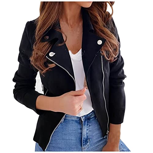 Cropped Biker Moto Jacket Women Faux Suede Motorcycle Jackets Lapel Zipper Slim Short Jacket Solid Long Sleeve Outwear