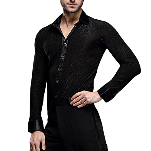 ZYMOZYM Men Long Sleeves Lapel Dark Print Button Down Regular Fit Latin Ballroom Dance Shirt Tango Dance Costume (Black, XL)