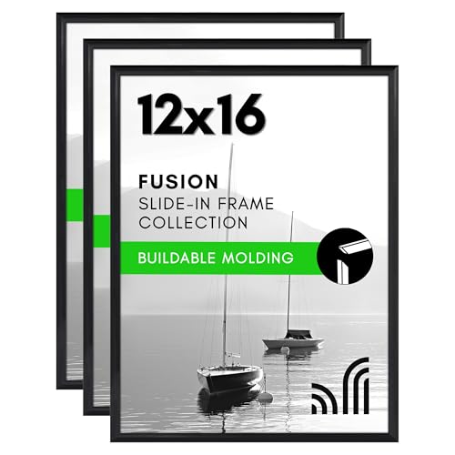 Americanflat 12x16 Picture Frame with Polished Front Cover - Set of 3 - Slide-In Photo Frame with Buildable Molding - Fusion Collection - Picture Frames for Wall Display - Black