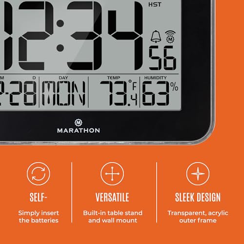 Marathon CL030060BK Crystal Framed Atomic Wall Clock, Black - Large, 7.5-Inch Display - Am/Pm Or 24-Hour Time Format, Eight Time Zones, Indoor Temperature & Humidity thumb #2
