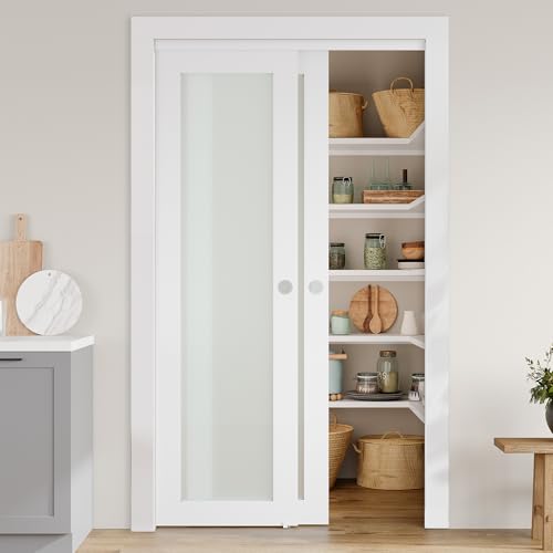 SMARTSTANDARD Closet Sliding Door, 48"(Double 25") x 80", 1-Lite Frosted Glass Sliding Door with Hardware Track Kit & Floor Guide, Finished 2 Panels, Easy Assembly, MDF, White 48"(Double 25"