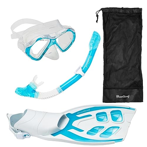 Blue Reef Sentinel Snorkel Mask Set Small/Medium, Turquoise, Snorkeling Gear for Adults Set Includes Sentinel Mask w/Twin Tempered Glass, Cortes Dry Snorkel, Bay Fins and Mesh Bag