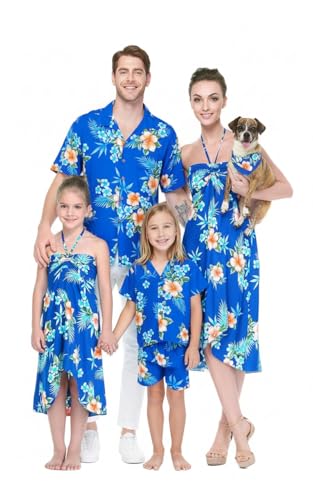 Image of Matchable Family Hawaiian Luau Men Women Girl Boy Clothes in Hibiscus Blue