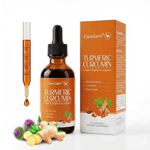CareGem Turmeric Curcumin & Milk Thistle Liquid Drops for Liver Health Support | Herbal Blend with Dandelion Chamomile Black Pepper & Ginger | Orange Flavor | 2 fl oz