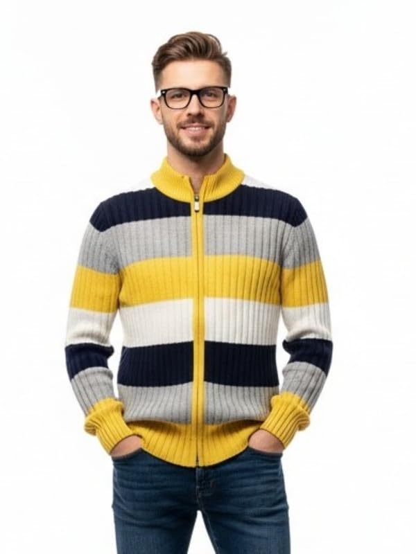 forwards Striped Turtle-Neck Full-Sleeve Full-Zip Knitted Sweater for Men-picture-49