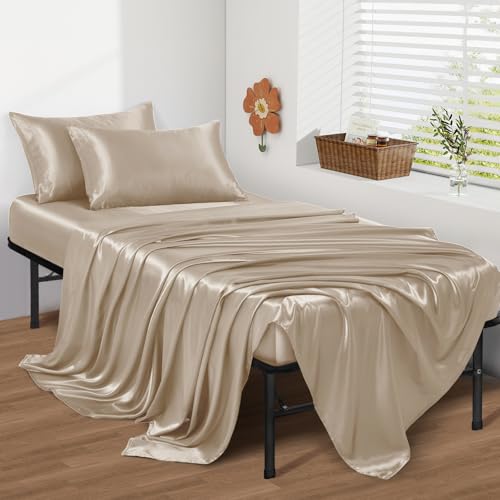 Image of SiinvdaBZX 4-Piece Cot Sheet Set 31 inch x 75 inch, Beige Satin Cot Size Sheets Silky Soft Rv Bunk Bed Sheets for Narrow Twin /Camp Bunk /Guest Beds /Army Cots /Trifold Mattress