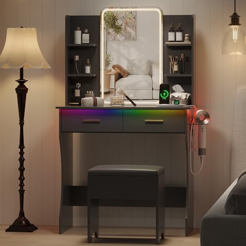 Image of Small Vanity Desk with Mirror and Lights, Makeup Vanity with LED Lights, Black Vanity Mirror with Lighted Desk and Chair, 3 Lighting Adjustable Compact Dressing Table with Mirror for Women, Girls