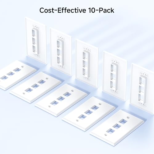 Image of [UL Listed] Cable Matters 10-Pack Low Profile 3-Port Keystone Wall Plate | RJ45 Wall Plate, for Keystone Jacks, White
