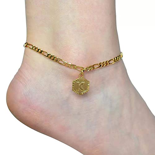 Gold Initial Anklets For Women,Flat Mariner Chain Link Anklet,Dainty Hexagon Shaped Letter Figaro Chain Initial Ankle Bracelets Summer Foot Jewelry (J-Justice) #TOP4