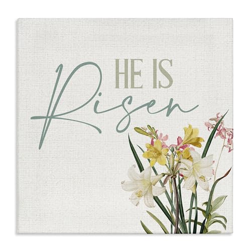 Stupell Industries 'He Is Risen Religious Easter Holiday Flower Blossoms ', Canvas Art, 24 x 24 Inches, Easy to Hang and Sturdy, Made in USA, by Kim Allen