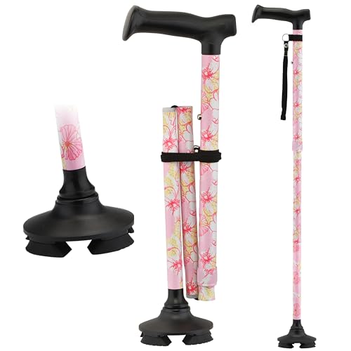 NOVA Foldable Quad Cane for Seniors, Self Standing Adjustable Walking Cane with Pivoting Quad Tip, Lightweight Collapsible Mobility Aid, Bonus Carry Pouch & Replacement Tips, Pink Floral