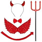 Jmkcoz Halloween Devil Costume Set Devil Horn Headband Devil Wing Devil Pitchfork Devil Tail Bowtie Demon Cosplay Accessories (Red)