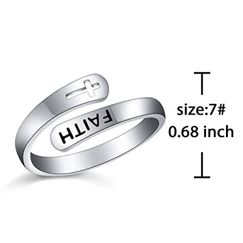 DAOCHONG 925 Sterling Silver Engraved Faith Adjustable Cross Wrap Open Ring for Women Lover Girlfriend, Size7