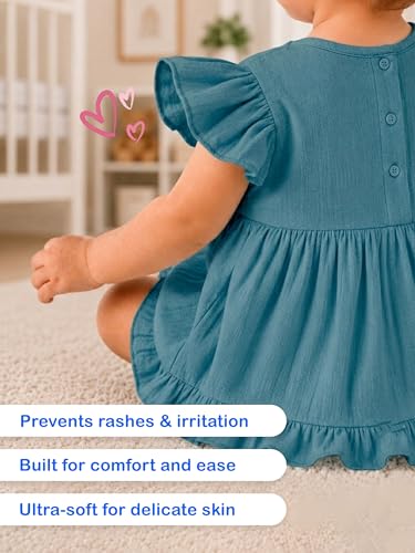 Image of Kidbea Baby Girls' Cotton Dress, Comfortable, Trendy Ruffled Sleeves & Hem, Soft Breathable Fabric for Everyday & Special Occasions (Teal, 2-3 Years)