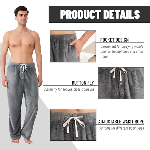Mens Fleece Soft Pajama Bottoms Warm Lightweight Lounge Sleep Pants with Pockets and Button Fly (dark grey,M)4