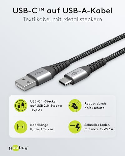 goobay 49297 USB-C Kabel – Extra Robustes Premium Textilkabel mit Metallsteckern - 2m, Space Grey