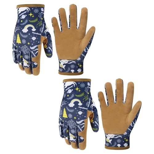 HANDLANDY 2 Pairs Kids Leather Gardening Gloves, Kid Work Gloves, Blue, S