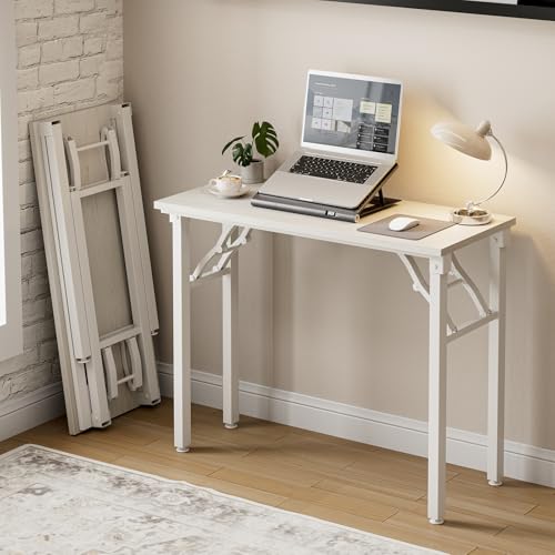Image of Frylr Small Folding Computer Desk - Portable 35.8 Inch Foldable Laptop Table, Collapsible and Compact for Easy Storage and Fast Setup, Lightweight for Small Spaces, Craft and Study Use, White Ash