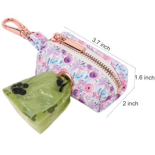 Image of ARING PET Floral Dog Poop Bag Holder, Cotton Puppy Purple Rose Waste Bag Dispenser Attach to Any Leashes, Portable Washable Pet Waste Pouch Holder with Two Rolls of Bags