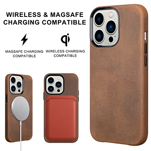 Iphone 13 Pro Max Leather Case Compatible With Magsafe, Maogoam Genuine Vintage Oil Wax Crazy Horse Leather Case For Iphone 13 Pro Max 6.7", Indiana Jones Style, Handcrafted, Dark Brown #TOP2