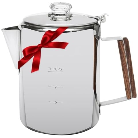 MEREZA Camping Coffee Pot Stovetop Coffee Maker Percolator Campfire Coffee Pot Stainless Steel Coffee Pot Camping Outdoors Home 9 Cup No Aluminum & Plastic Fast Brew Cover