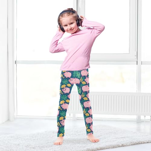 Pink Cartoon Pigs Girls' Leggings Toddler Doodles Colorful Green Leaves Kids Yoga Pants Dance Active Tights 4T4