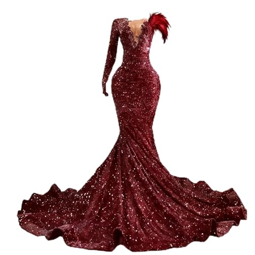 Engerla Wine Red Sequined One Sleeve Mermaid Evening Dress Prom Dress Applique Crystal Celebrity Pageant Gown Church Train US14