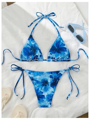 Women's 2 Piece Bikini Set Bathing Suit Floral Tie Halter Triangle High Cut Thong Ring Swimsuit2