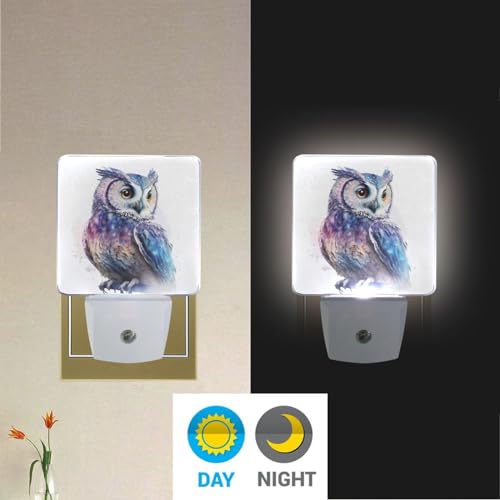 Image of Owl Watercolor Night Lights 2 Pack Plug-in Wall Led Nightlight Auto Dusk-to-Dawn Sensor Lamps for Bedroom Kitchen Bathroom