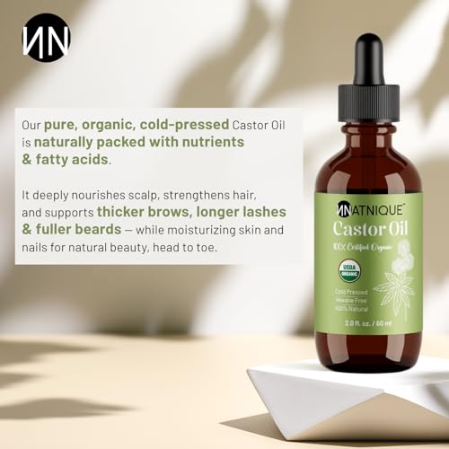Natnique Castor Oil – USDA Certified Organic, 100% Pure Cold Pressed Unrefined Oil for Hair Growth, Eyelashes, Eyebrows & Scalp – Natural Skin Moisturizer, Lash Serum & Hair Treatment (2 Oz)
