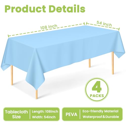 Image of Mulbozy 4 Pcs Baby Blue Plastic Tablecloth Disposable, 54 x108 Inch