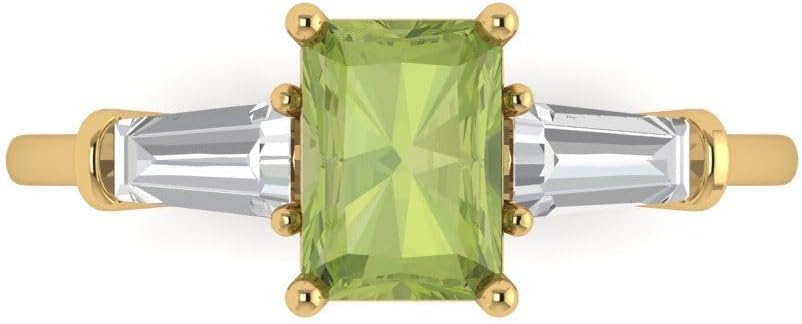 Clara Pucci Natural Peridot Emerald Cut Three-Stone Ring | 14K Solid Gold | 1.50 cttw | Womens Yellow Gold Fashion Jewelry